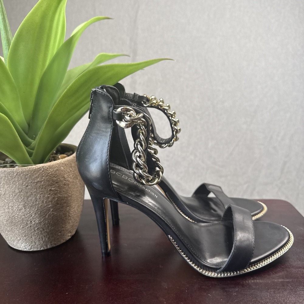 BCBGeneration Jadia Black Chain Ankle Strap Stiletto Sandals Heels Size 10M